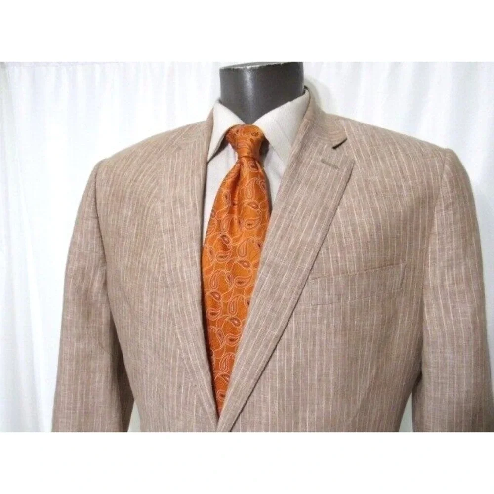 Lauren Ralph Lauren Slim‎ Beige Stripe Sz 44R 100% Linen Sport Coat Blazer